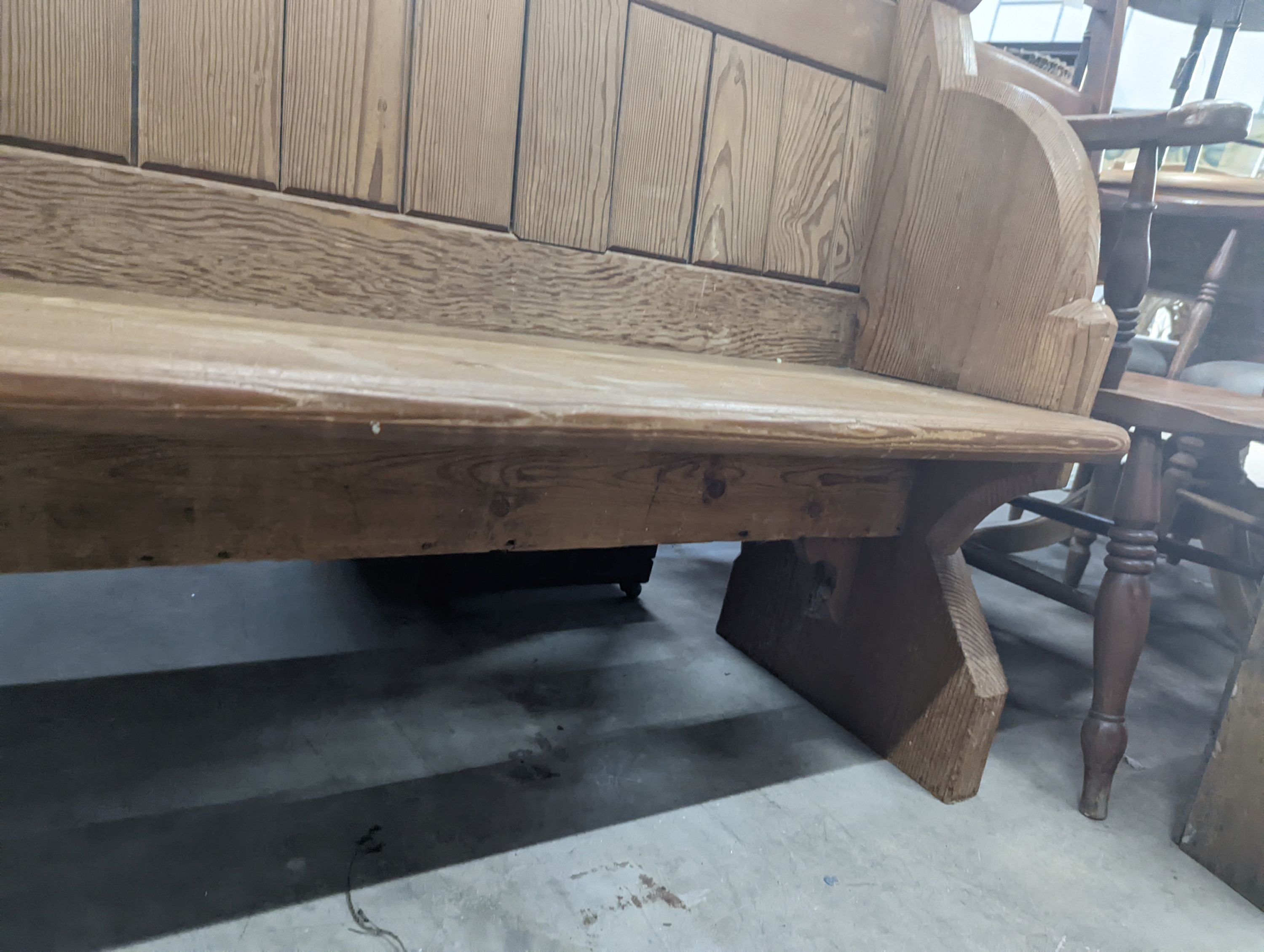 A Victorian pitch pine pew, length 153cm, depth 54cm, height 97cm